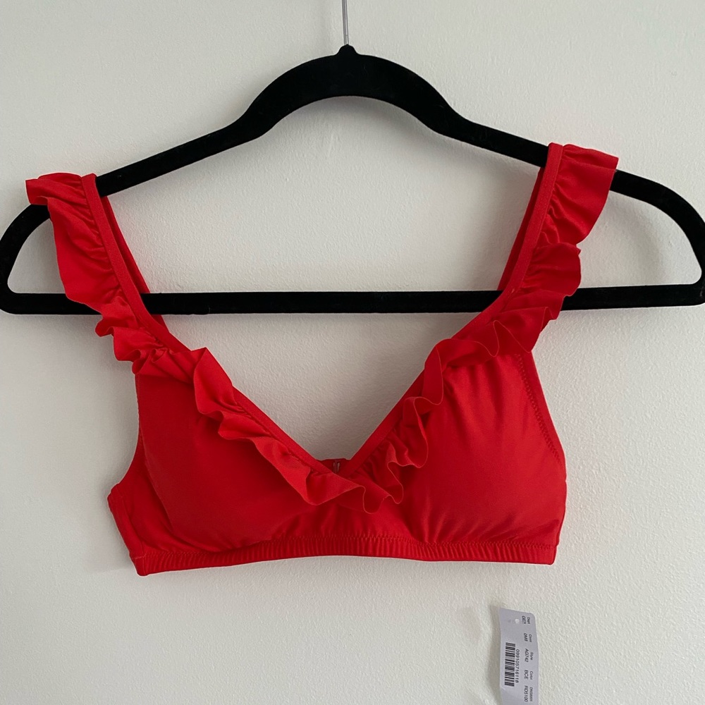 NWT J.Crew red ruffled bikini top with adjustable straps.
